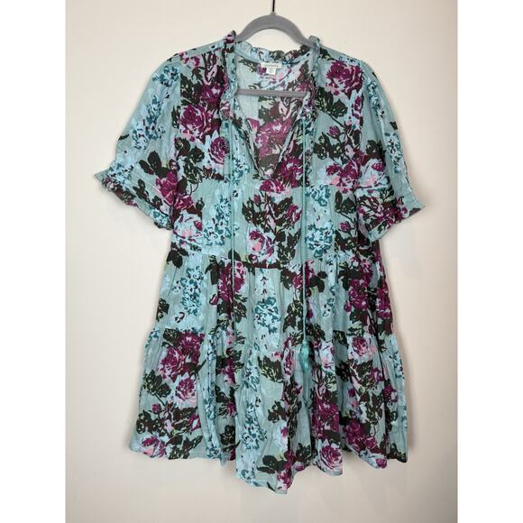 Sundance Turquoise Floral Provence Stroll Mini Dress Aqua V-neck Boho Sz PXL - Picture 1 of 8